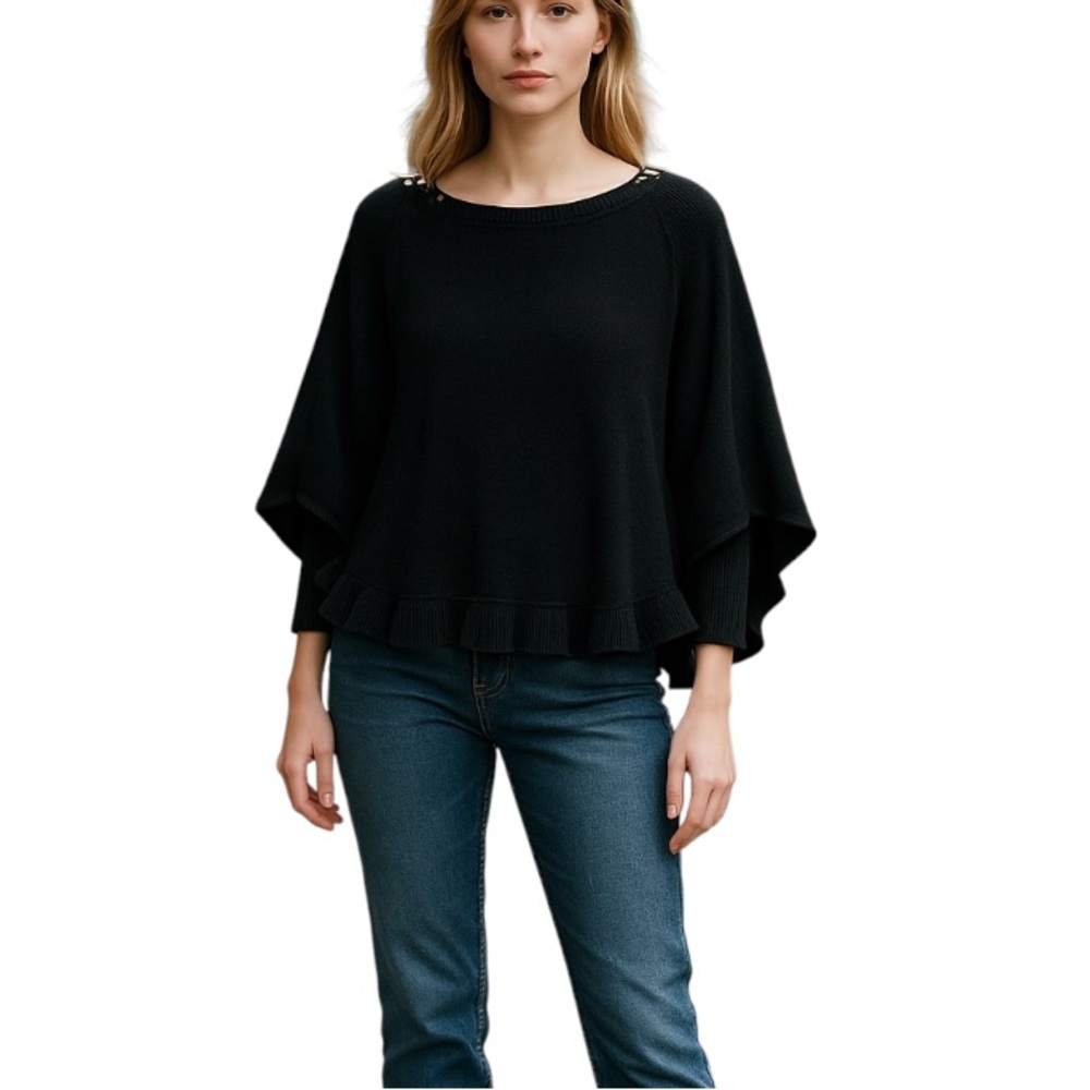 April Marin Black Ruffle Hem Poncho Sweater Cape Lightweight OS